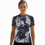 Geisha Samurai Koi Fish Peony Floral Design Custom BJJ MMA Rash Guard for Women - Image 2