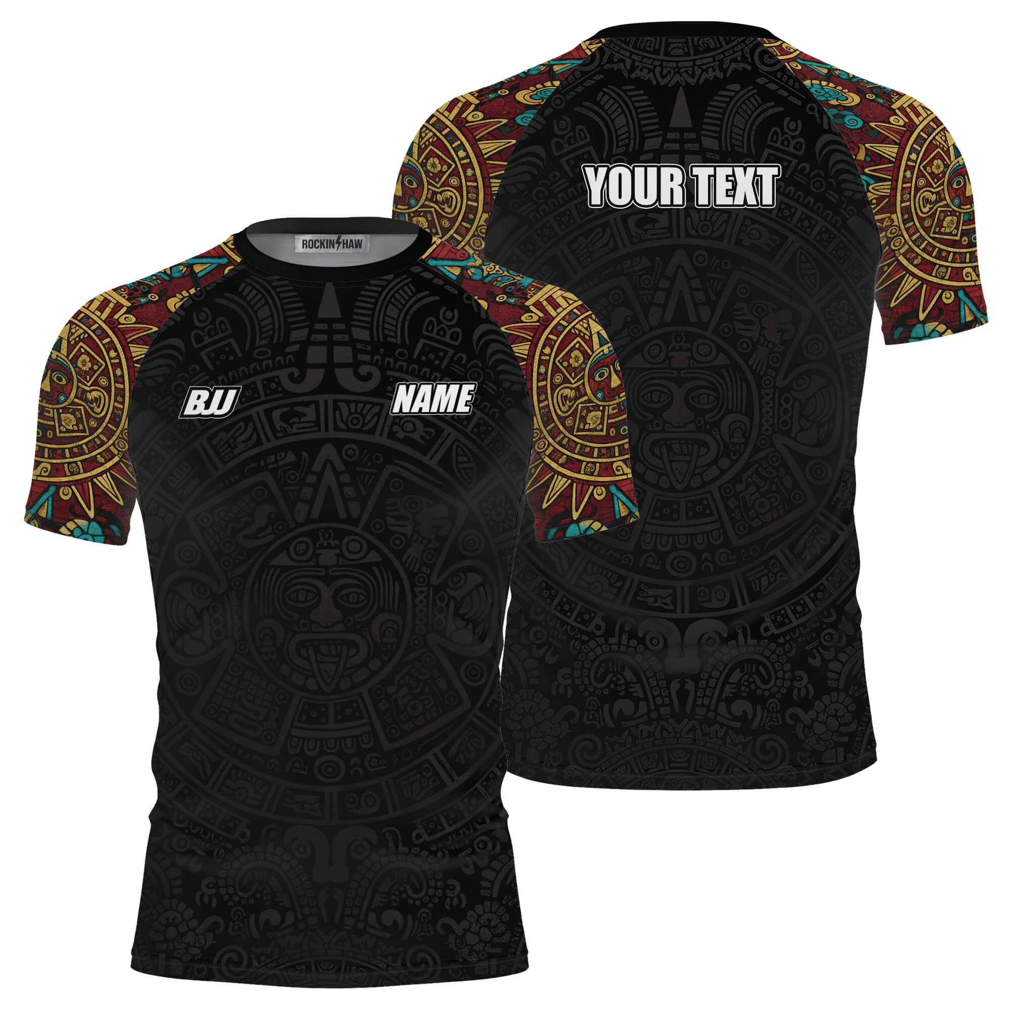 Aztec Symbols Tribal Pattern Black Version Custom BJJ MMA Rash Guard for Men #157PRM20260107 Mockup FB Aztec Symbols Tribal Pattern Black Version Custom BJJ MMA Rash Guard for Men - Image 1