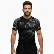 Aztec Tribal Hunting Eagle Black White Custom BJJ MMA Rash Guard for Men - Image 2