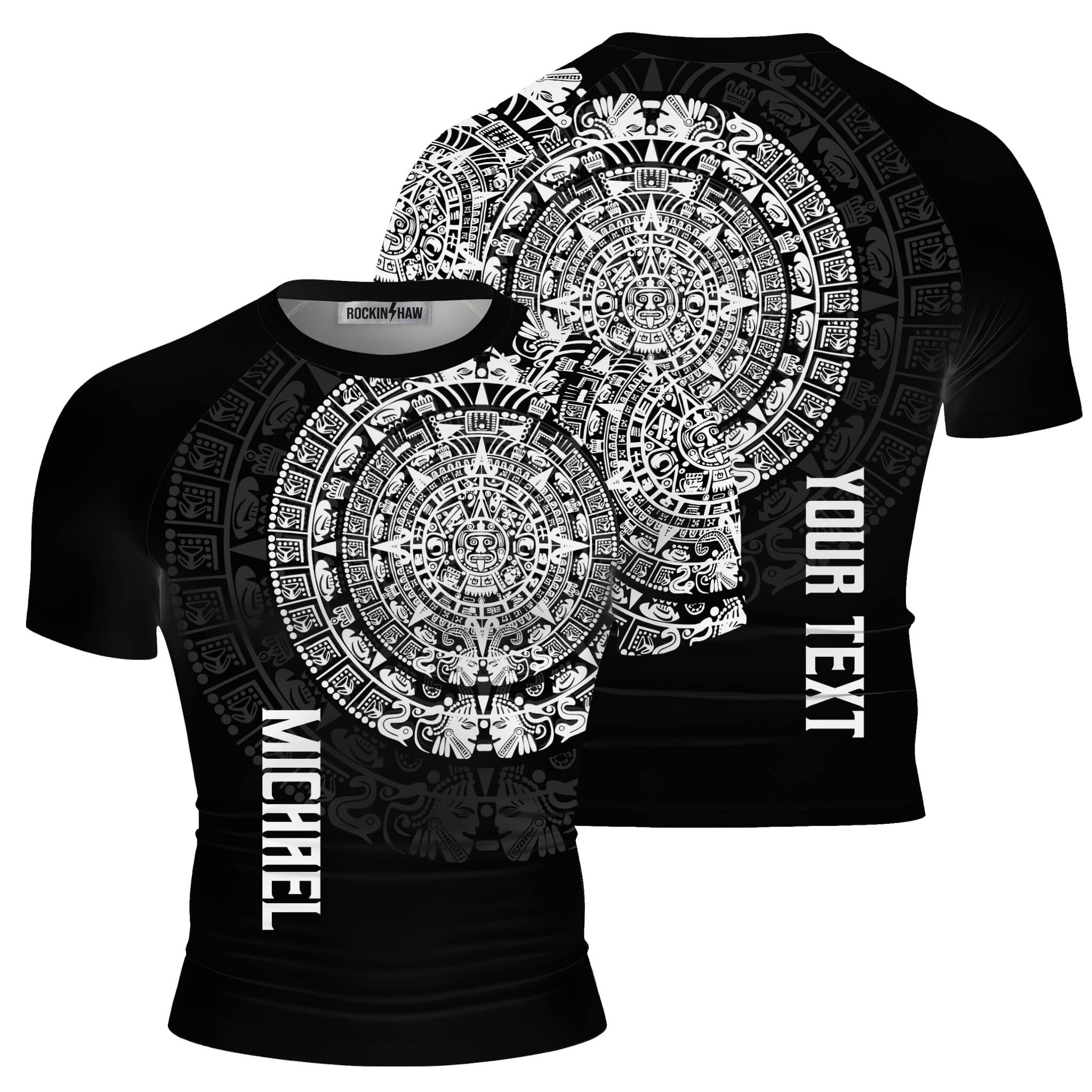 Black White Aztec Calendar Graphic Custom BJJ MMA Rash Guard for Men #150PRM20260106 Mockup FB Black White Aztec Calendar Graphic Custom BJJ MMA Rash Guard for Men - Image 1