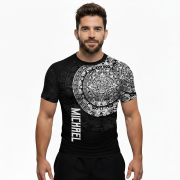 Black White Aztec Calendar Graphic Custom BJJ MMA Rash Guard for Men - Image 2