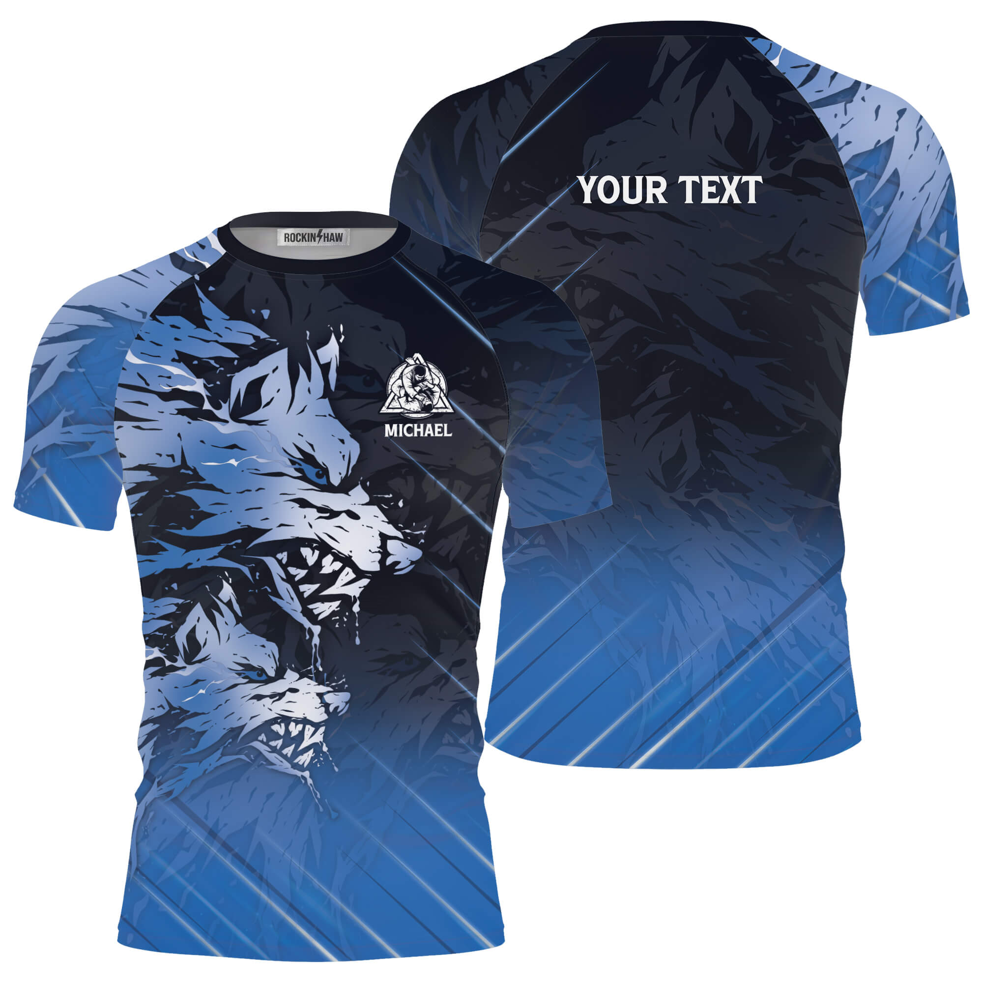 Ice Wolf Blue Black Custom BJJ Rash Guard for Men #181PRM20260120 Mockup FB Ice Wolf Blue Black Custom BJJ Rash Guard for Men - Image 1