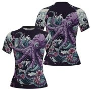 Purple Kraken Octopus Sakura Ocean Waves Custom BJJ MMA Rash Guard for Women