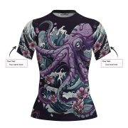 Purple Kraken Octopus Sakura Ocean Waves Custom BJJ MMA Rash Guard for Women - Image 5