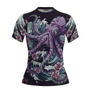 Purple Kraken Octopus Sakura Ocean Waves Custom BJJ MMA Rash Guard for Women - Image 3