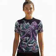 Purple Kraken Octopus Sakura Ocean Waves Custom BJJ MMA Rash Guard for Women - Image 2
