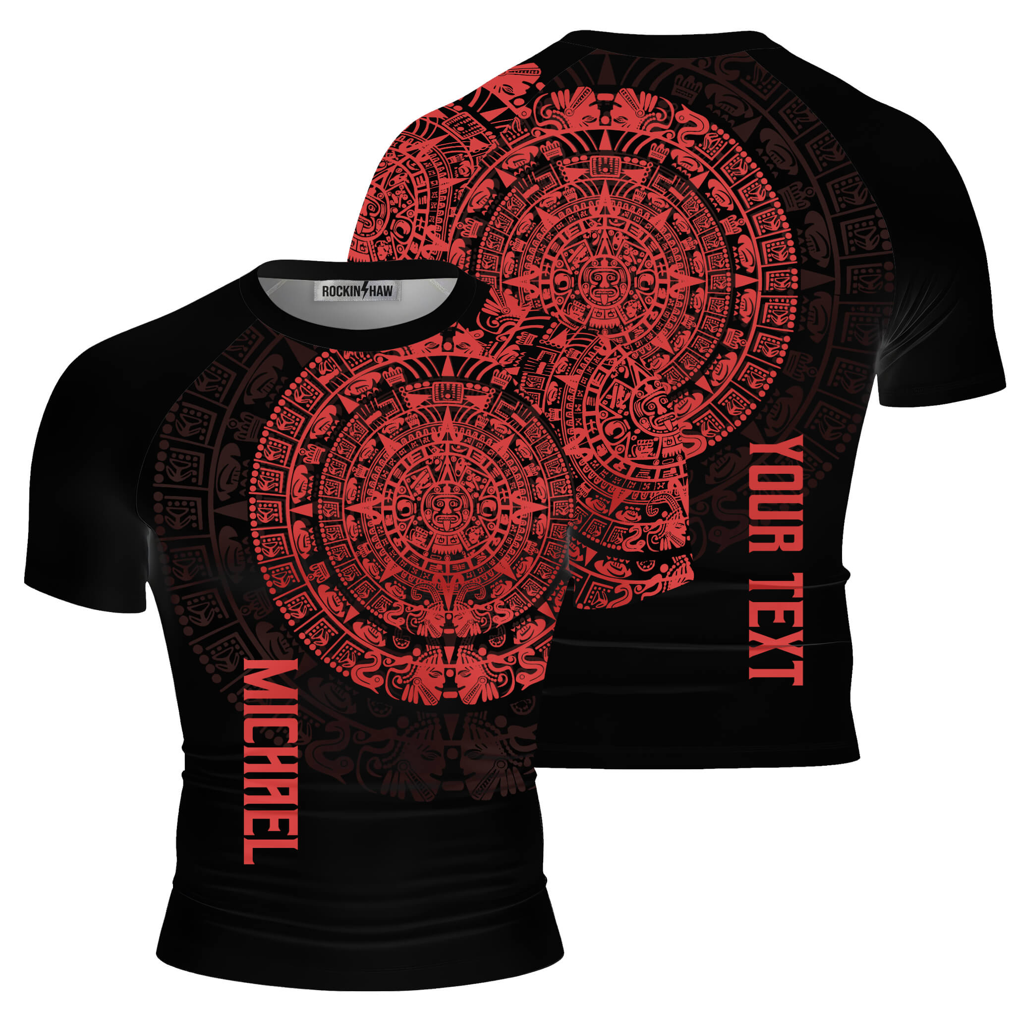 Red Aztec Calendar Graphic Custom BJJ MMA Rash Guard for Men #133PRM20251229 Mockup FB Red Aztec Calendar Graphic Custom BJJ MMA Rash Guard for Men - Image 1