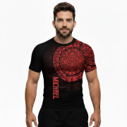 Red Aztec Calendar Graphic Custom BJJ MMA Rash Guard for Men - Image 4