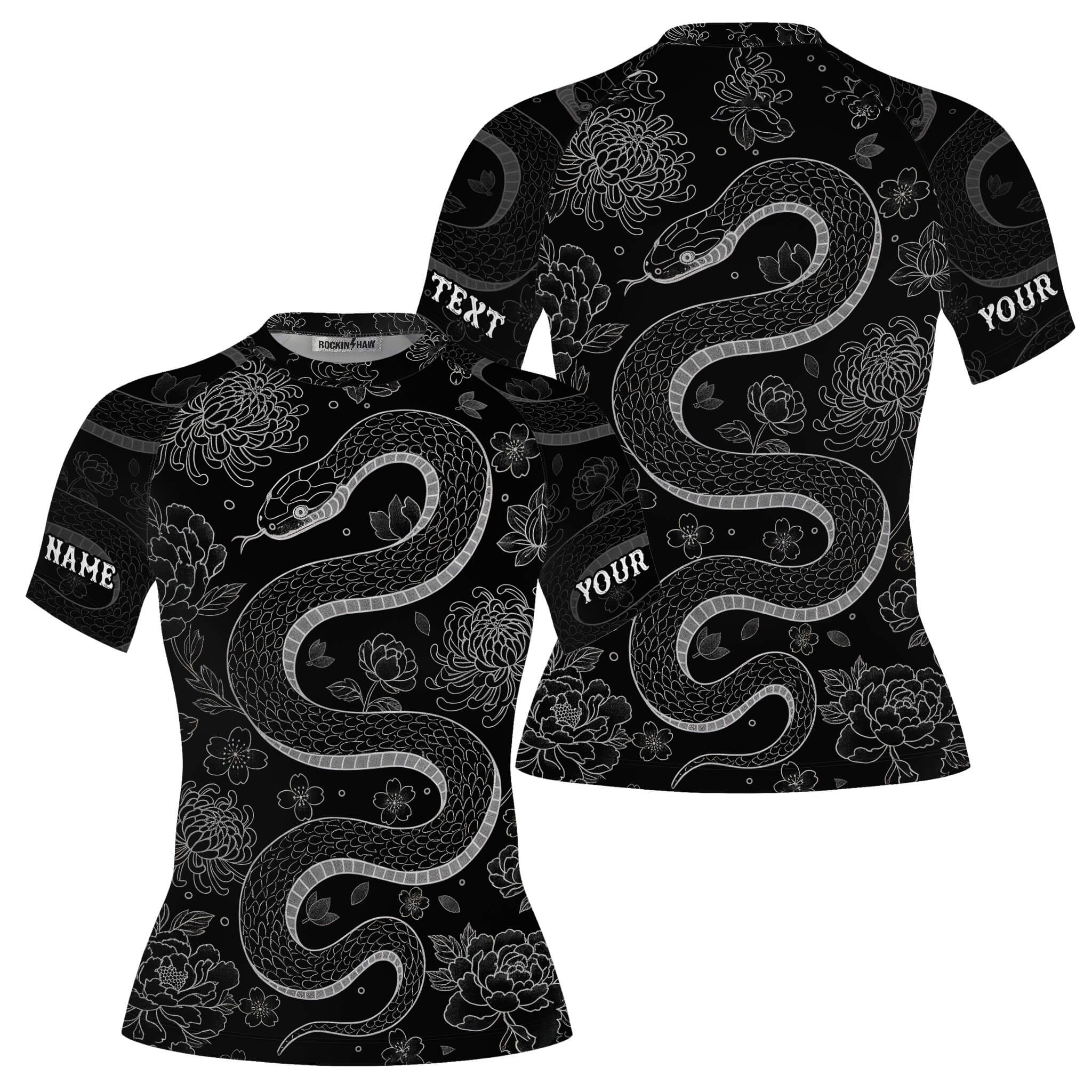 Snake Peonies Lotus Flowers Monochrome Design Custom BJJ MMA Rash Guard for Women #130PRM20251226 Mockup FB Snake Peonies Lotus Flowers Monochrome Design Custom - Image 1