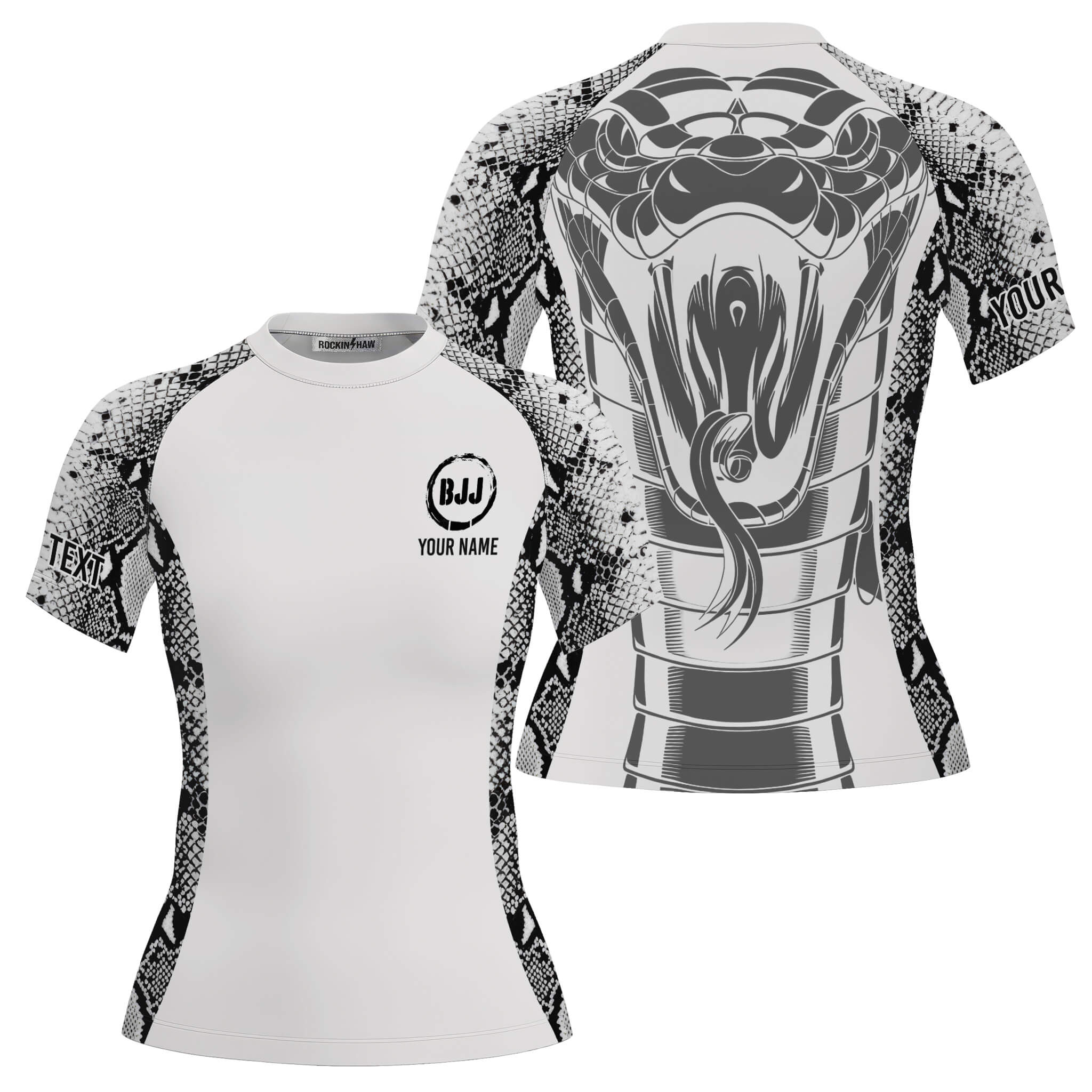 Snake Skin Pattern Black White Custom BJJ MMA Rash Guard for Women #137PRM20251230 Mockup FB Snake Skin Pattern Black White Custom BJJ MMA Rash Guard for Women - Image 1