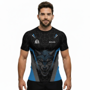 Geometric Wolf Blue Black Version Custom BJJ Rash Guard for Men - Image 2