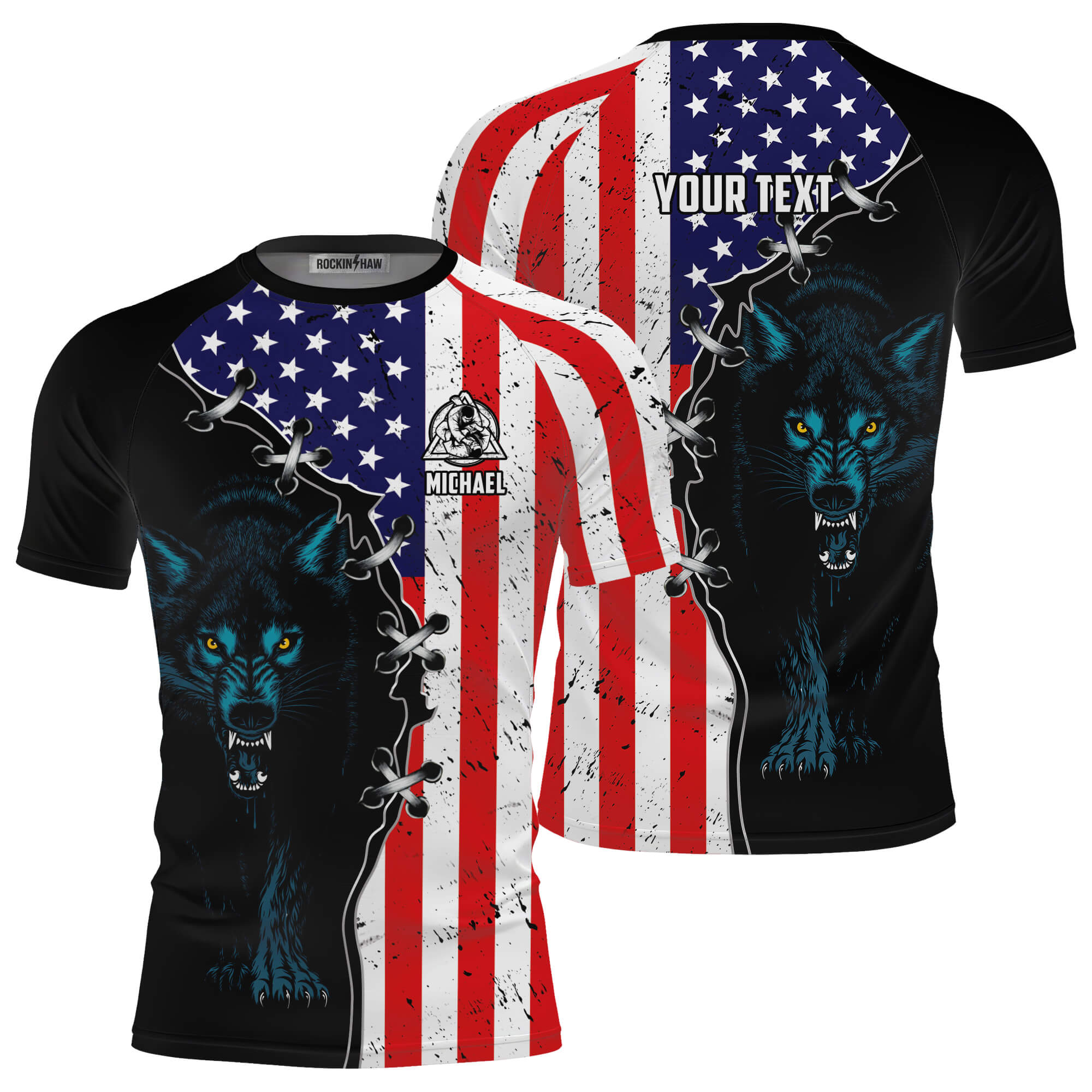 Wolf Retro USA Flag Custom BJJ Rash Guard for Men #178PRM20260120 Mockup FB Wolf Retro USA Flag Custom BJJ Rash Guard for Men - Image 1