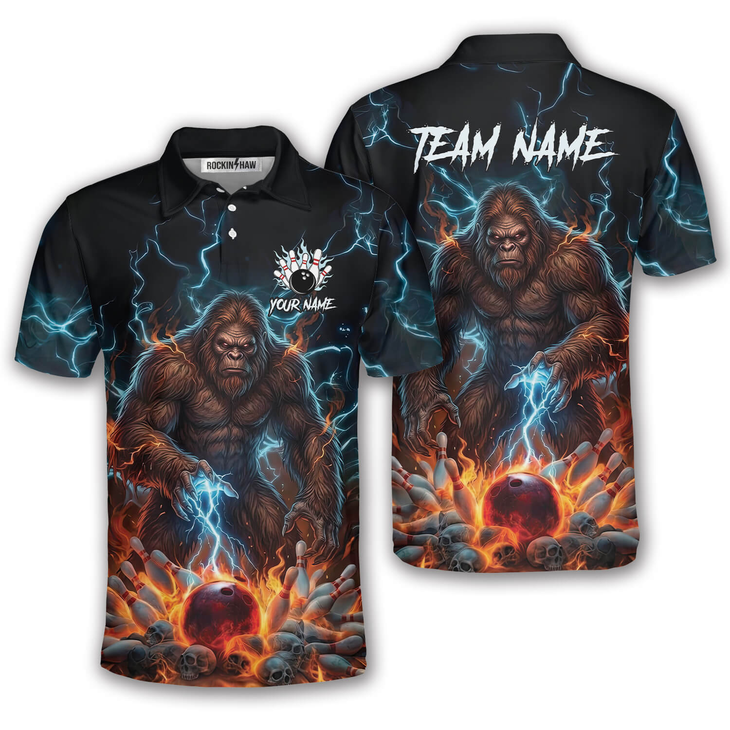 Bigfoot Blue Fire Bowling Ball Pins Sasquatch Custom Bowling Shirt #308PRM20260406 Mockup FB Bigfoot Blue Fire Bowling Ball Pins Sasquatch Custom Bowling Shirt - Image 1