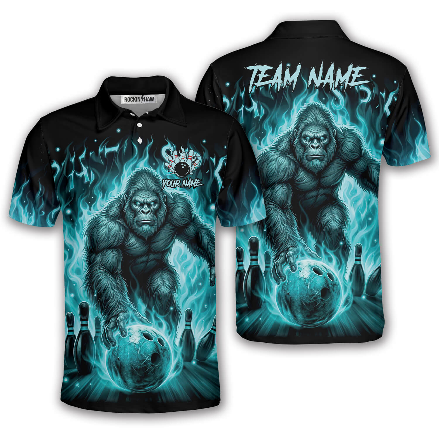 Bigfoot Ghostly Blue Fire Flame Sasquatch Custom Bowling Shirt #305PRM20260406 Mockup FB Bigfoot Ghostly Blue Fire Flame Sasquatch Custom Bowling Shirt - Image 1