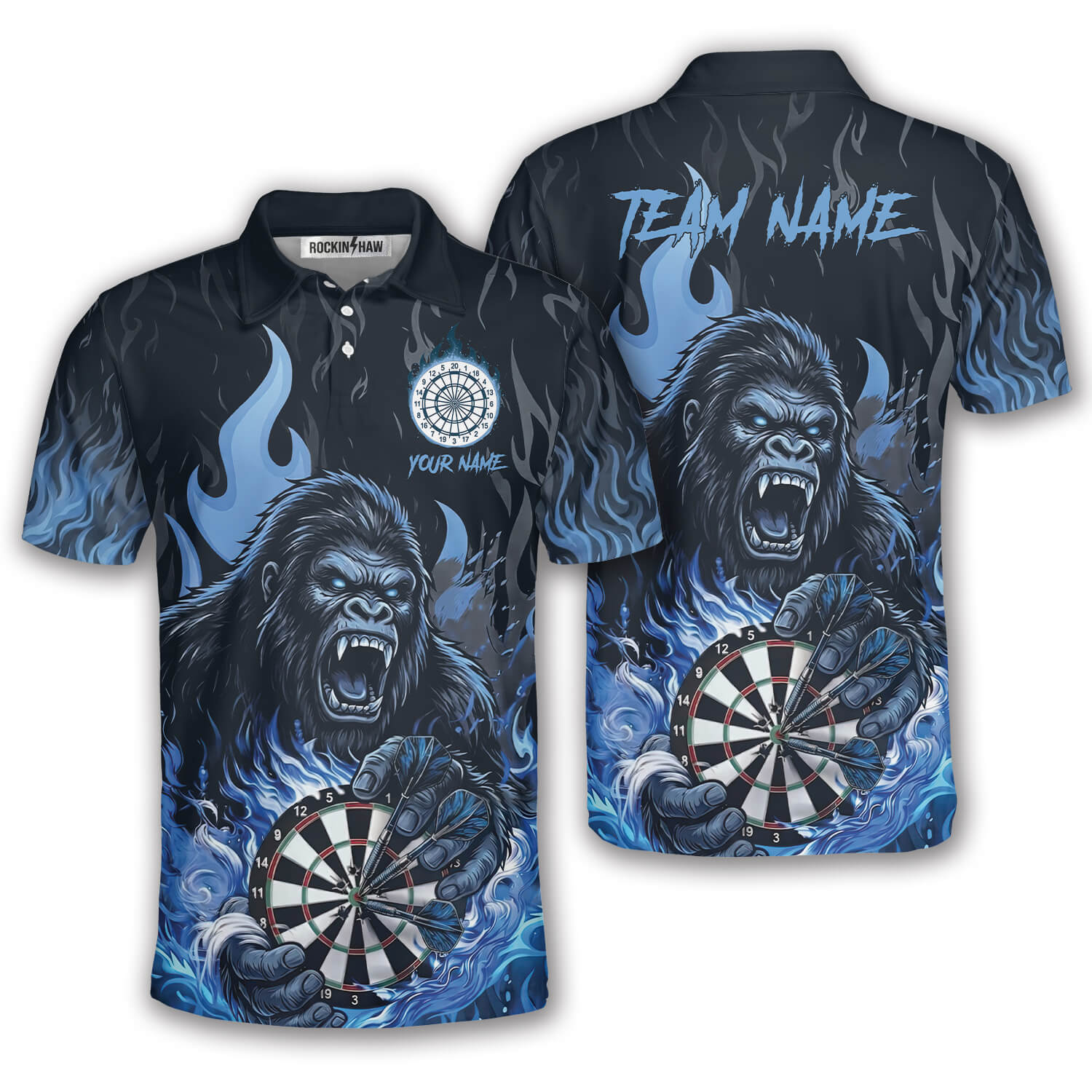 Bigfoot Holding Dartboard Blue Fire Sasquatch Custom Darts Shirt #326PRM20260416 Mockup FB Bigfoot Holding Dartboard Blue Fire Sasquatch Custom Darts Shirt - Image 1