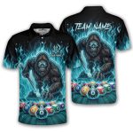 Bigfoot Playing 8 Ball Billiards Ghostly Fire Sasquatch Custom Pool Shirt