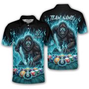 Bigfoot Playing 8 Ball Billiards Ghostly Fire Sasquatch Custom Pool Shirt