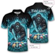 Bigfoot Playing 8 Ball Billiards Ghostly Fire Sasquatch Custom Pool Shirt - Image 5