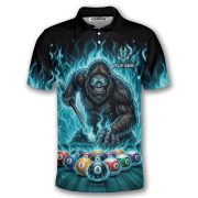 Bigfoot Playing 8 Ball Billiards Ghostly Fire Sasquatch Custom Pool Shirt - Image 3