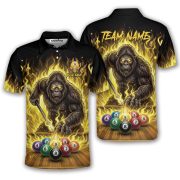 Bigfoot Playing 9 Ball Billiards Ghostly Fire Sasquatch Custom Pool Shirt