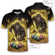 Bigfoot Playing 9 Ball Billiards Ghostly Fire Sasquatch Custom Pool Shirt - Image 5