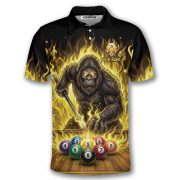 Bigfoot Playing 9 Ball Billiards Ghostly Fire Sasquatch Custom Pool Shirt - Image 3