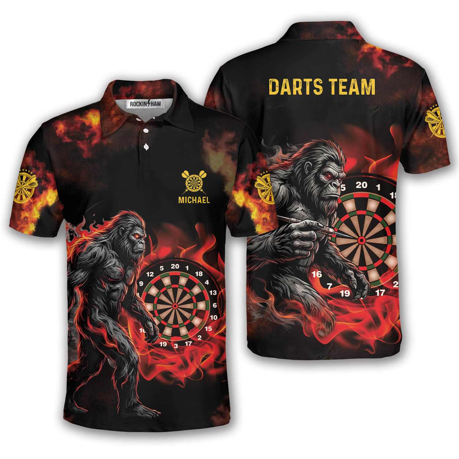 Bigfoot Playing Darts Red Fire Sasquatch Custom Darts Shirt #325PRM20260414 Mockup FB Bigfoot Playing Darts Red Fire Sasquatch Custom Darts Shirt - Image 1