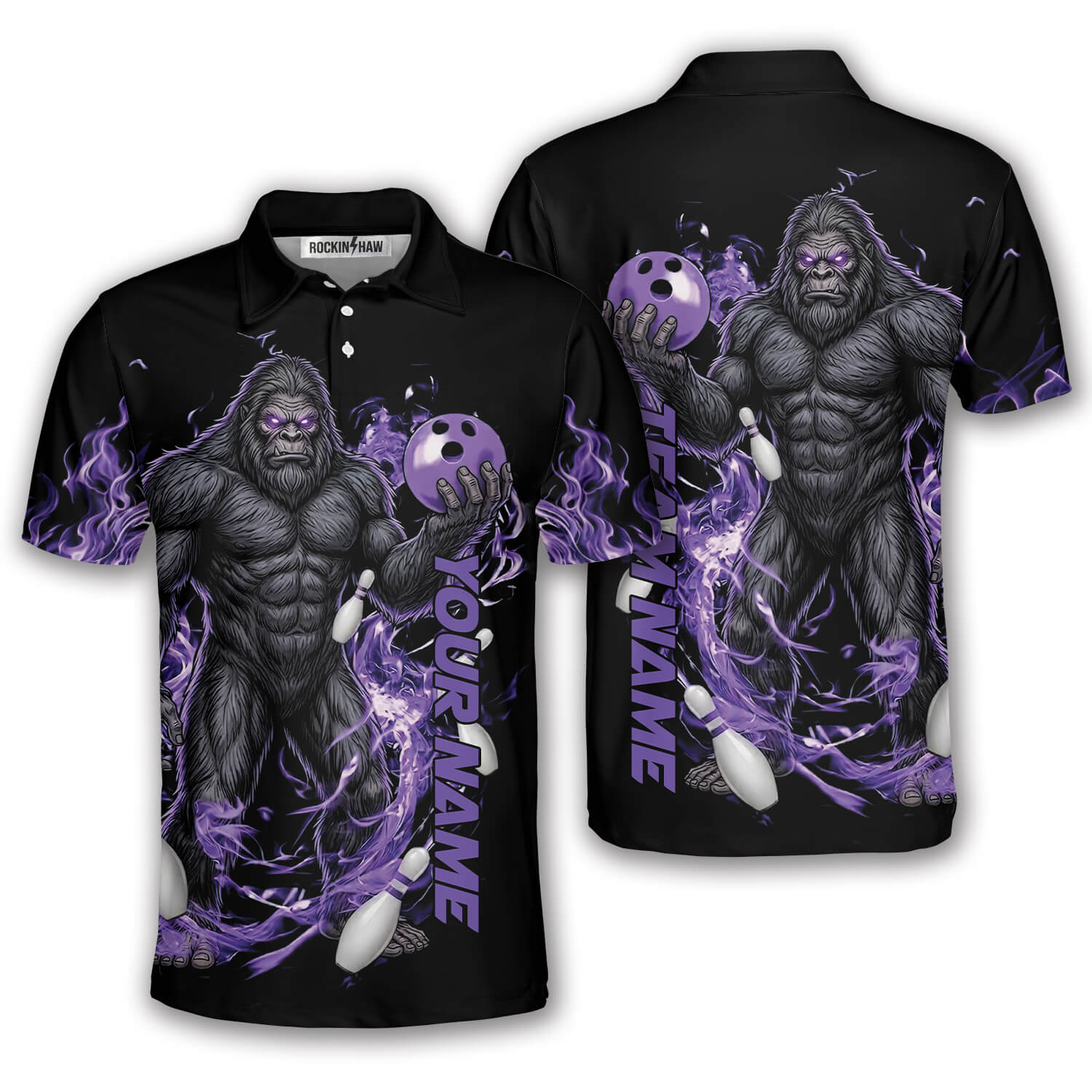 Bigfoot Purple Fire Gray Black Sasquatch Custom Bowling Shirt #307PRM20260406 Mockup FB Bigfoot Purple Fire Gray Black Sasquatch Custom Bowling Shirt - Image 1