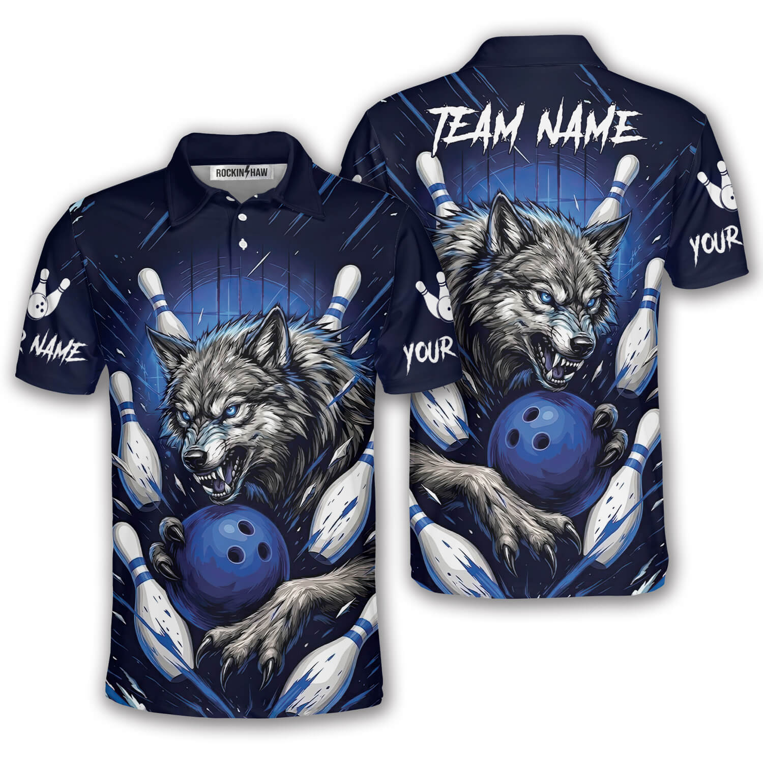 Fierce Wolf Blue Bowling Strike Custom Bowling Shirt #333PRM20260422 Mockup FB Fierce Wolf Blue Bowling Strike Custom Bowling Shirt - Image 1