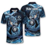 Fierce Wolf Holding 8 Ball Billiard Blue Flame Custom Pool Shirt