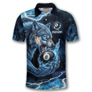 Fierce Wolf Holding 8 Ball Billiard Blue Flame Custom Pool Shirt - Image 3