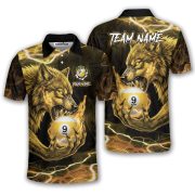 Fierce Wolf Holding 9 Ball Billiard Yellow Flame Custom Pool Shirt