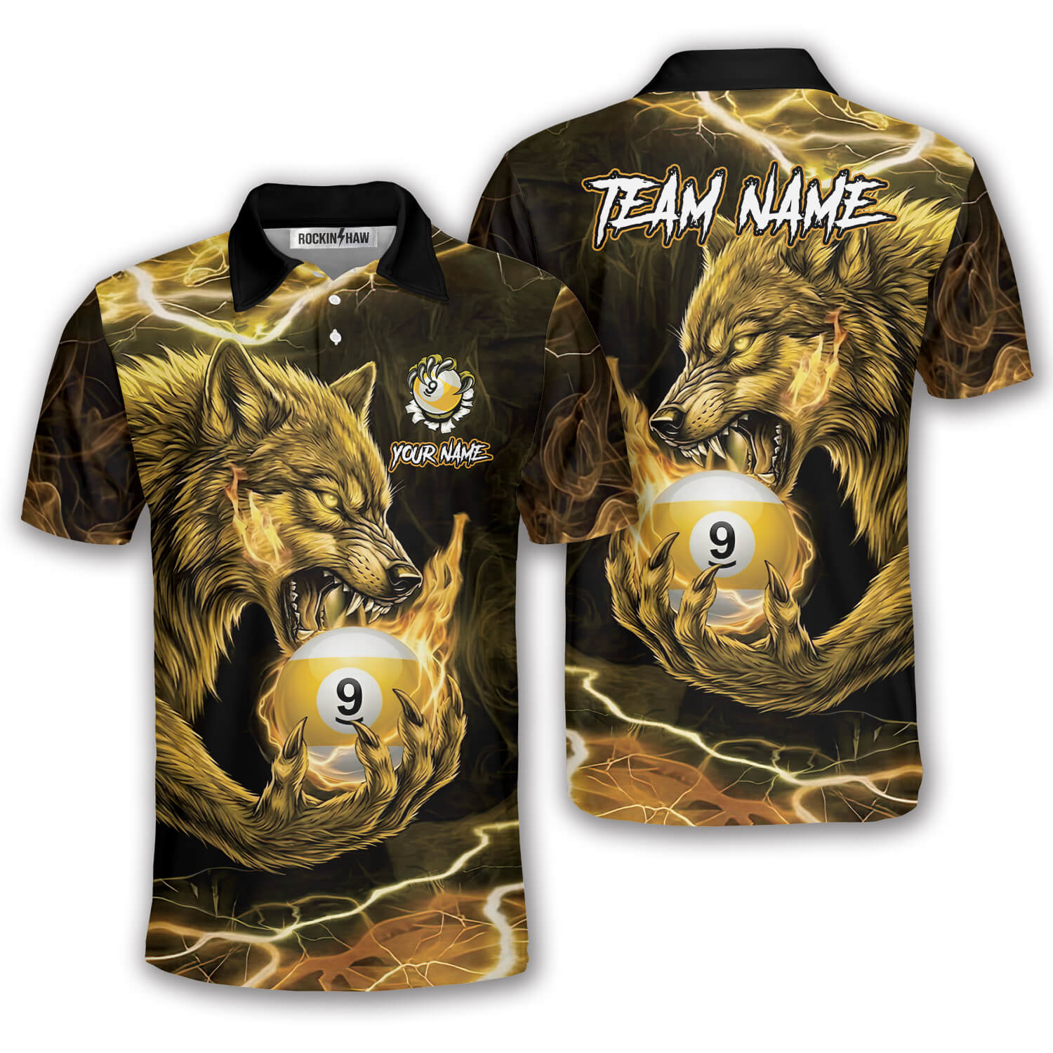 Fierce Wolf Holding 9 Ball Billiard Yellow Flame Custom Pool Shirt #340PRM20260422 Mockup FB Fierce Wolf Holding 9 Ball Billiard Yellow Flame Custom Pool Shirt - Image 1