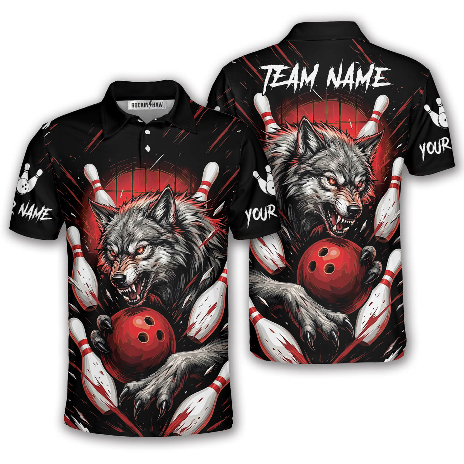 Fierce Wolf Red Bowling Strike Custom Bowling Shirt #332PRM20260422 Mockup FB Fierce Wolf Red Bowling Strike Custom Bowling Shirt - Image 1