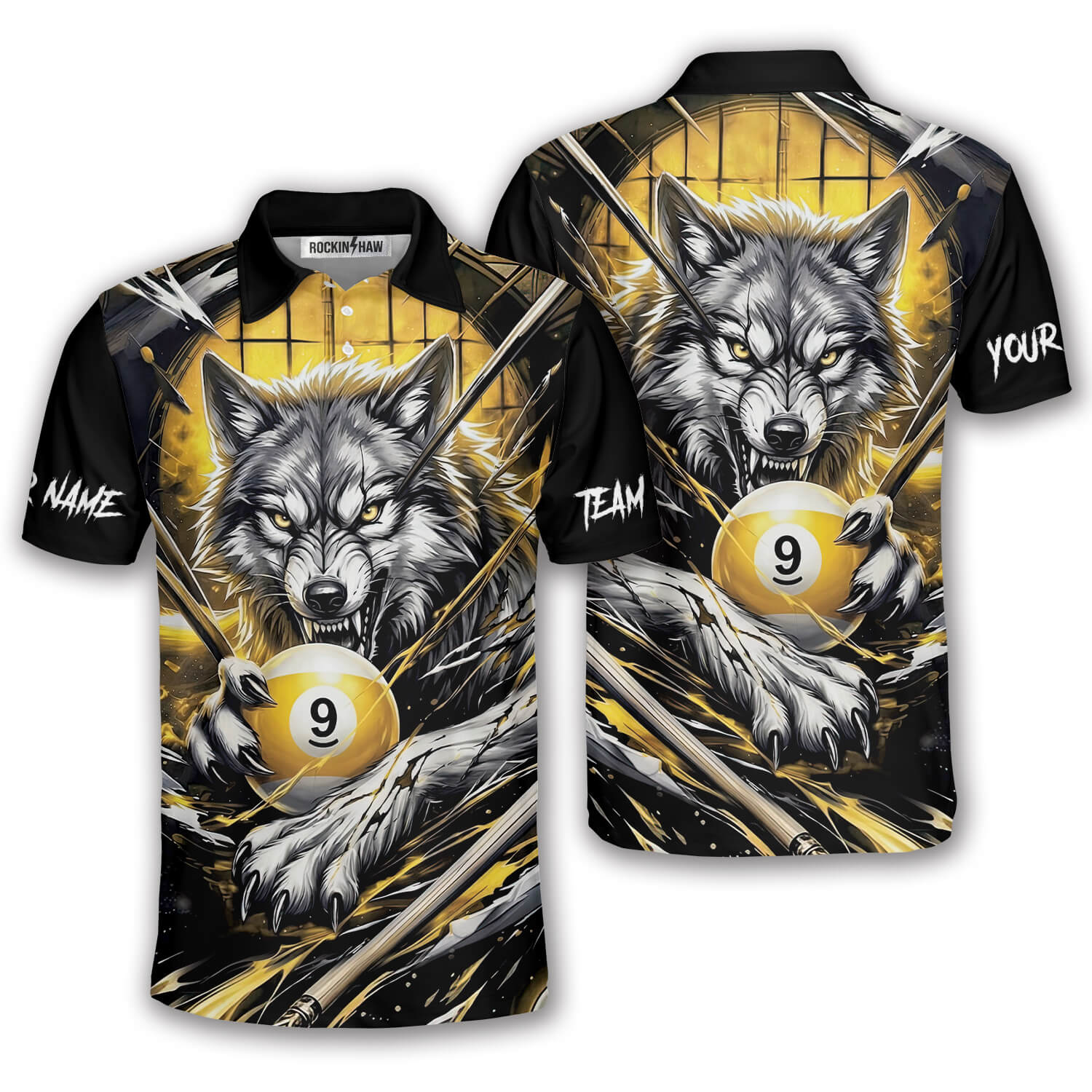 Fierce Wolf Yellow 9 Ball Billiard Custom Pool Shirt #335PRM20260422 Mockup FB Fierce Wolf Yellow 9 Ball Billiard Custom Pool Shirt - Image 1