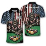 Funny Bigfoot 9 Ball Billiard Patriotic Retro USA Flag Sasquatch Custom Pool Shirt