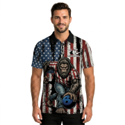 Funny Bigfoot Patriotic Retro USA Flag Sasquatch Custom Bowling Shirt - Image 2