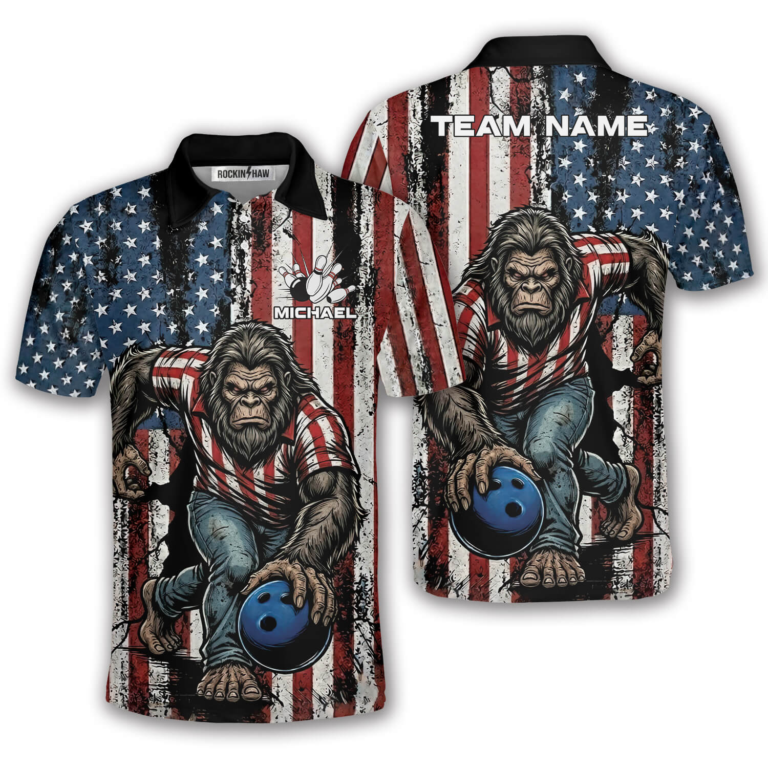 Funny Bigfoot Patriotic Retro USA Flag Sasquatch Custom Bowling Shirt #309PRM20260406 Mockup FB Funny Bigfoot Patriotic Retro USA Flag Sasquatch Custom Bowling Shirt - Image 1