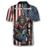 Funny Bigfoot Patriotic Retro USA Flag Sasquatch Custom Bowling Shirt - Image 4