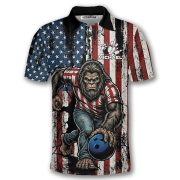 Funny Bigfoot Patriotic Retro USA Flag Sasquatch Custom Bowling Shirt - Image 3