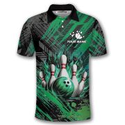 Green Fire Bowling Strike Abstract Grunge Custom Bowling Shirt - Image 3