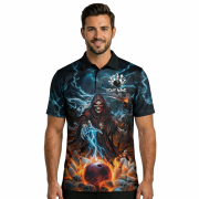 Grim Reaper Blue Fire Bowling Ball Pins Custom Bowling Shirt - Image 2