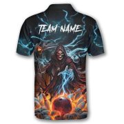 Grim Reaper Blue Fire Bowling Ball Pins Custom Bowling Shirt - Image 4