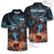 Grim Reaper Blue Fire Bowling Ball Pins Custom Bowling Shirt - Image 5