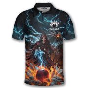 Grim Reaper Blue Fire Bowling Ball Pins Custom Bowling Shirt - Image 3