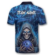 Grim Reaper Blue Fire Skull Bowling Pattern Custom Bowling Shirt - Image 4