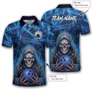 Grim Reaper Blue Fire Skull Bowling Pattern Custom Bowling Shirt - Image 5