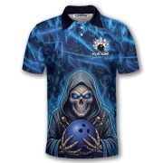 Grim Reaper Blue Fire Skull Bowling Pattern Custom Bowling Shirt - Image 3