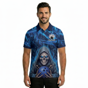 Grim Reaper Blue Fire Skull Bowling Pattern Custom Bowling Shirt - Image 2