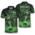 Grim Reaper Green Fire Bowling Ball Pins Custom Bowling Shirt